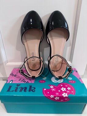 Link Black Patent D'Orsay Flats with Ankle Strap